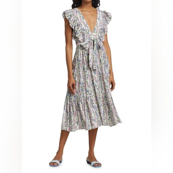 BYTIMO (Norway) Floral V-Neck Wrap Midi Dress Sz L - Picture 1 of 13